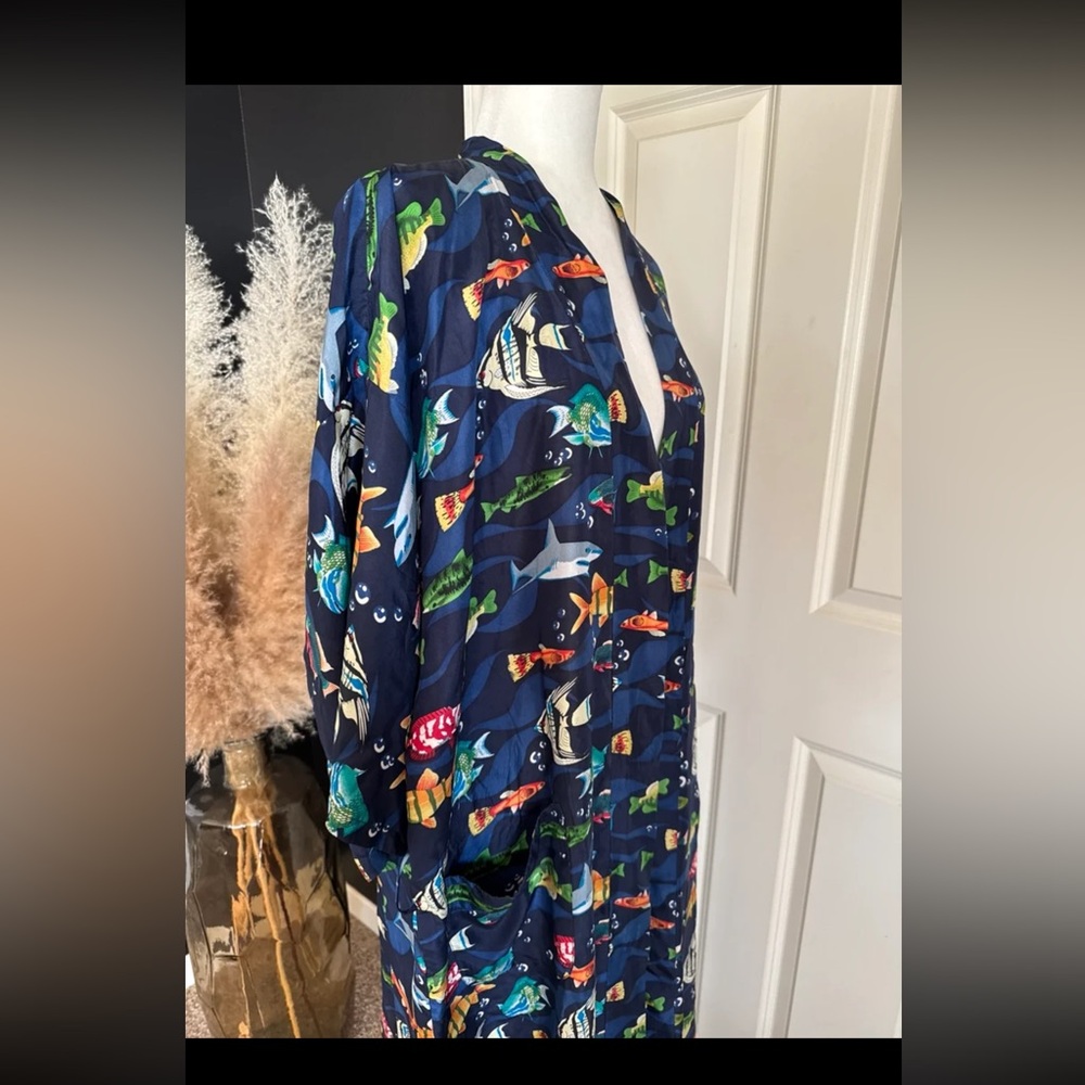 Vintage Whitby 100% SILK Fish Print Robe Kimono Swimsuit Coverup One Size - Picture 6 of 12
